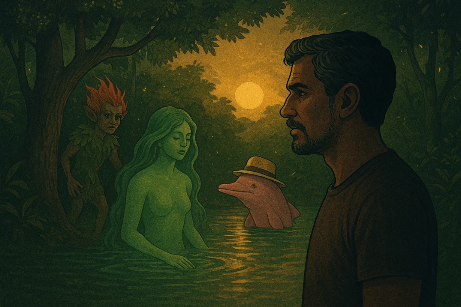 “O Natal Encantado de Raimundo” – Raimundo nunca gostou de dezembro. Isso não tinha nada a ver com neve, trenós ou renas voadoras — afinal, ali na beira do rio Solimões, quem mandava era o calor e o cheiro de chuva.