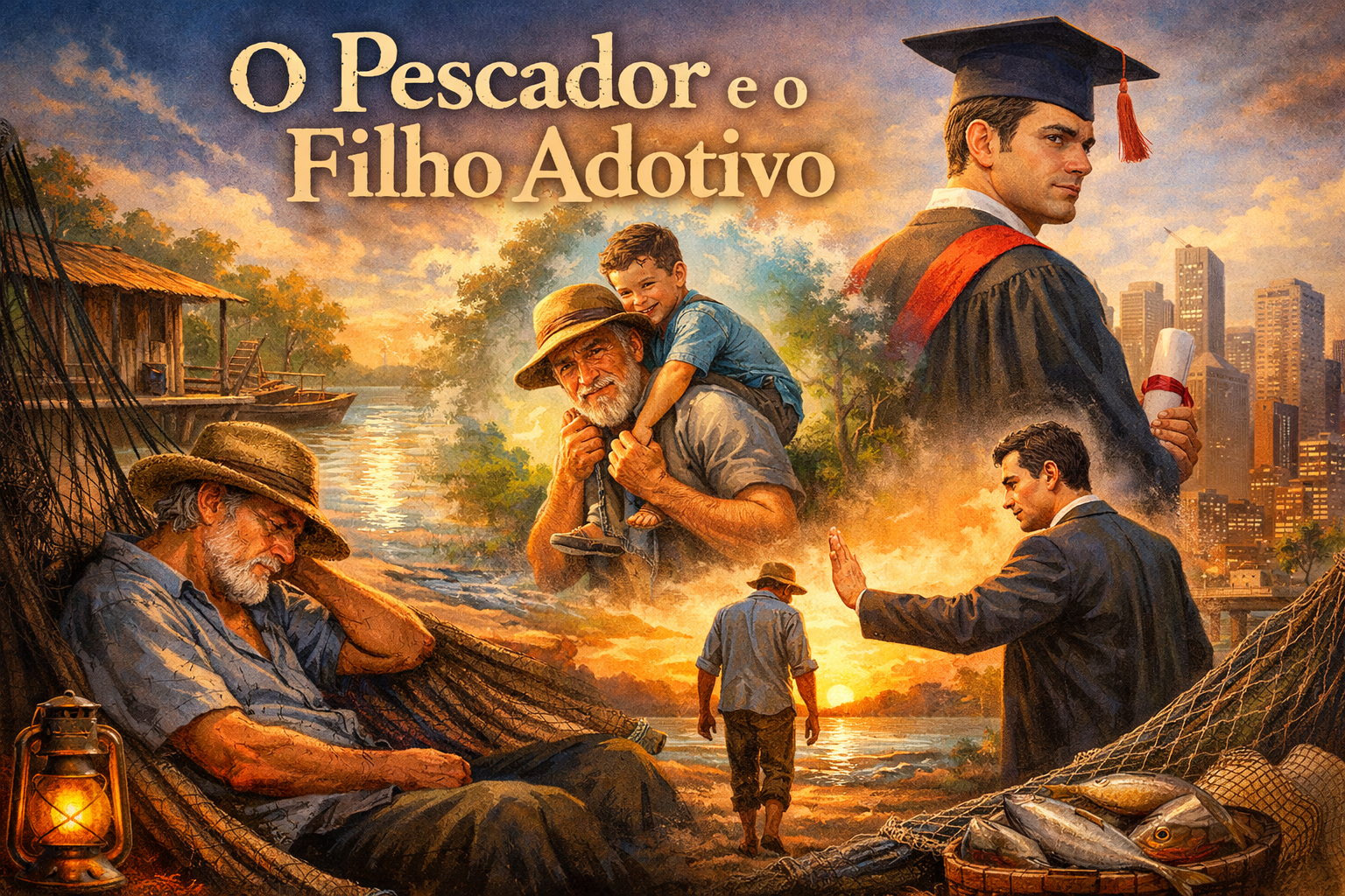 O Pescador e o Filho Adotivo - Não sei dizer exatamente como nasceu o amor entre Teodoro e Jacira. Só sei que nasceu longe, muito longe — lá no fundo do mato, onde o silêncio ensina mais do que qualquer escola. Teodoro era pescador. Pobre, como nunca fez questão de esconder. Nunca frequentou sala de aula, não sabia ler nem escrever, mas conhecia o rio como quem conhece o próprio corpo. Na rede, descansava o cansaço dos dias; na água, enfrentava tudo para não deixar faltar comida. Pescava para vender na cidade, não para enriquecer — apenas para não morrer de fome. Mesmo assim, alimentava um sonho grande demais para quem tinha tão pouco: ver o filho formado, doutor, alguém apontando e dizendo, sem constrangimento:Esse médico é filho de um pescador. O destino, porém, não costuma pedir licença. Jacira foi embora. Uns diziam que seguiu para a cidade grande com um antigo amor; outros nunca souberam ao certo. O fato é que Teodoro ficou. Ficou sozinho com Argeu nos braços — o filho que não era de sangue, mas era de alma. Criou-o com sacrifício. Houve dias em que não comeu para que o menino comesse duas vezes. Durante dezesseis anos, Argeu foi seu único mundo. Desde os dois anos de idade, aprenderam juntos que o que sustenta uma família não é o sobrenome, é o cuidado. Foram mais que pai e filho. Foram amigos. Companheiros contra tudo e todos. Teodoro nunca enxergou adoção como falta — para ele, adotar era amar em dobro. Nunca passou por sua cabeça explicar ao menino que não era seu filho biológico. Afinal, quem adota, o faz por amor. Pais de adoção são almas que sustentam outras almas em crescimento. O tempo passou. Argeu cresceu, estudou, conheceu novos caminhos, novos amigos, um namoro. E, aos poucos, foi se afastando do pai. Quatro anos se passaram. No último ano, quase não dava notícias. Até que um dia, a saudade apertou demais em Teodoro. Vestiu seu melhor terno de brim e foi atrás do filho Ao chegar, alguém lhe disse:Seu filho está recebendo hoje o diploma de doutor. O coração do pescador quase saiu do peito. Queria abraçar o filho do coração, viver aquele momento único. Mas, ao se aproximar, Argeu foi direto, frio: Com esse terno você não pode entrar. Vá embora. - Volte para os seus peixes. Minha vida agora é outra. - Apresentar você aos meus amigos seria uma vergonha. Teodoro tentou falar: - Filho, para você estudar eu precisei muito pescar. Sou um homem honesto. Sempre quis um filho inteligente, formado… Parou. Respirou fundo. E completou, com a voz cansada: - Vejo na minha frente alguém que estudou muito, mas não aprendeu o essencial. Quem rejeita o pai rejeita a si mesmo — e carrega um vazio que diploma nenhum preenche. Teodoro baixou a cabeça e saiu. As lágrimas misturavam-se à poeira do caminho. Aquele deveria ser o dia mais feliz de sua vida. De volta ao seu lugar, perdeu o gosto por tudo. Passava os dias na rede. Não pescava, não comia, apenas existia. Os amigos tentaram ajudar, mas a dor da ingratidão é silenciosa e profunda. Cerca de um ano depois, encontraram o pescador morto em sua rede. Magro. Encolhido. Com o rosto marcado por um sofrimento que ninguém conseguiu aliviar. Teodoro carregou a dor da ingratidão até o fim. Nada dói tanto quanto a ingratidão de um filho. Sentiu que fracassou, que todo amor foi em vão — e mesmo assim, nunca deixou de amar. Todos atravessamos fases. Todos erramos. Uns mais, outros menos. Mas nunca abandone seu velho pai ou sua velha mãe. Graças a eles, você existe. Um coração idoso continua amando — mas precisa de muito mais cuidado. Porque amor é vida. Quando você muda a maneira como vê as coisas, as coisas que você vê também mudam. Por Almir Souza Revista Fama Amazônica O Pescador e o Filho Adotivo - Não sei dizer exatamente como nasceu o amor entre Teodoro e Jacira. Só sei que nasceu longe, muito longe — lá no fundo do mato, onde o silêncio ensina mais do que qualquer escola. Teodoro era pescador. Pobre, como nunca fez questão de esconder. Nunca frequentou sala de aula, não sabia ler nem escrever, mas conhecia o rio como quem conhece o próprio corpo. Na rede, descansava o cansaço dos dias; na água, enfrentava tudo para não deixar faltar comida. Pescava para vender na cidade, não para enriquecer — apenas para não morrer de fome. Mesmo assim, alimentava um sonho grande demais para quem tinha tão pouco: ver o filho formado, doutor, alguém apontando e dizendo, sem constrangimento:Esse médico é filho de um pescador. O destino, porém, não costuma pedir licença. Jacira foi embora. Uns diziam que seguiu para a cidade grande com um antigo amor; outros nunca souberam ao certo. O fato é que Teodoro ficou. Ficou sozinho com Argeu nos braços — o filho que não era de sangue, mas era de alma. Criou-o com sacrifício. Houve dias em que não comeu para que o menino comesse duas vezes. Durante dezesseis anos, Argeu foi seu único mundo. Desde os dois anos de idade, aprenderam juntos que o que sustenta uma família não é o sobrenome, é o cuidado. Foram mais que pai e filho. Foram amigos. Companheiros contra tudo e todos. Teodoro nunca enxergou adoção como falta — para ele, adotar era amar em dobro. Nunca passou por sua cabeça explicar ao menino que não era seu filho biológico. Afinal, quem adota, o faz por amor. Pais de adoção são almas que sustentam outras almas em crescimento. O tempo passou. Argeu cresceu, estudou, conheceu novos caminhos, novos amigos, um namoro. E, aos poucos, foi se afastando do pai. Quatro anos se passaram. No último ano, quase não dava notícias. Até que um dia, a saudade apertou demais em Teodoro. Vestiu seu melhor terno de brim e foi atrás do filho Ao chegar, alguém lhe disse:Seu filho está recebendo hoje o diploma de doutor. O coração do pescador quase saiu do peito. Queria abraçar o filho do coração, viver aquele momento único. Mas, ao se aproximar, Argeu foi direto, frio: Com esse terno você não pode entrar. Vá embora. - Volte para os seus peixes. Minha vida agora é outra. - Apresentar você aos meus amigos seria uma vergonha. Teodoro tentou falar: - Filho, para você estudar eu precisei muito pescar. Sou um homem honesto. Sempre quis um filho inteligente, formado… Parou. Respirou fundo. E completou, com a voz cansada: - Vejo na minha frente alguém que estudou muito, mas não aprendeu o essencial. Quem rejeita o pai rejeita a si mesmo — e carrega um vazio que diploma nenhum preenche. Teodoro baixou a cabeça e saiu. As lágrimas misturavam-se à poeira do caminho. Aquele deveria ser o dia mais feliz de sua vida. De volta ao seu lugar, perdeu o gosto por tudo. Passava os dias na rede. Não pescava, não comia, apenas existia. Os amigos tentaram ajudar, mas a dor da ingratidão é silenciosa e profunda. Cerca de um ano depois, encontraram o pescador morto em sua rede. Magro. Encolhido. Com o rosto marcado por um sofrimento que ninguém conseguiu aliviar. Teodoro carregou a dor da ingratidão até o fim. Nada dói tanto quanto a ingratidão de um filho. Sentiu que fracassou, que todo amor foi em vão — e mesmo assim, nunca deixou de amar. Todos atravessamos fases. Todos erramos. Uns mais, outros menos. Mas nunca abandone seu velho pai ou sua velha mãe. Graças a eles, você existe. Um coração idoso continua amando — mas precisa de muito mais cuidado. Porque amor é vida. Quando você muda a maneira como vê as coisas, as coisas que você vê também mudam. Por Almir Souza Revista Fama Amazônica O Pescador e o Filho Adotivo
