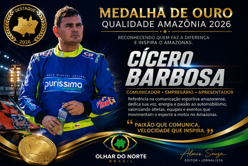 Cícero Barbosa: a velocidade da comunicação e a paixão pelo automobilismo são reconhecidas com a Medalha de Ouro Qualidade Amazônia 2026..Quando a paixão pelo esporte encontra o compromisso de informar, o resultado é uma trajetória inspiradora. É exatamente essa história que representa Cícero Barbosa, piloto de kart, narrador esportivo, comunicador e criador de conteúdo especializado em automobilismo, que será homenageado com a Medalha de Ouro Qualidade Amazônia 2026.
